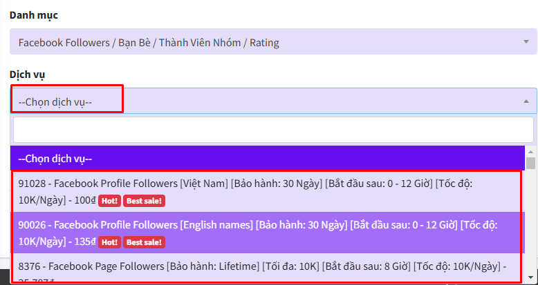 Chọn dịch vụ để mua follow Facebook