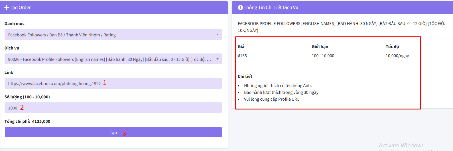 Thông tin chi tiết mua follow Facebook