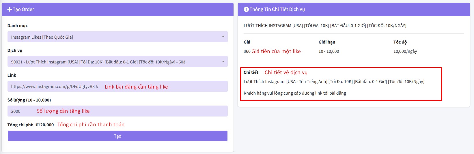 Nhập thông tin cần tăng like - Mua like Instagram